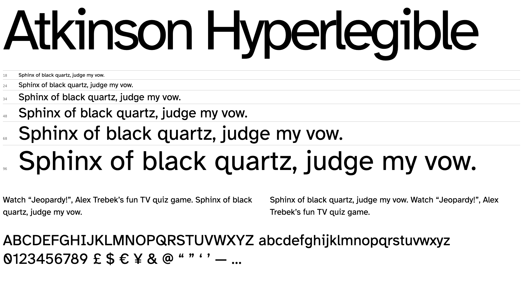 A proof sheet showing Atkinson Hyperlegible at several sizes with letters, numerals and punctuation