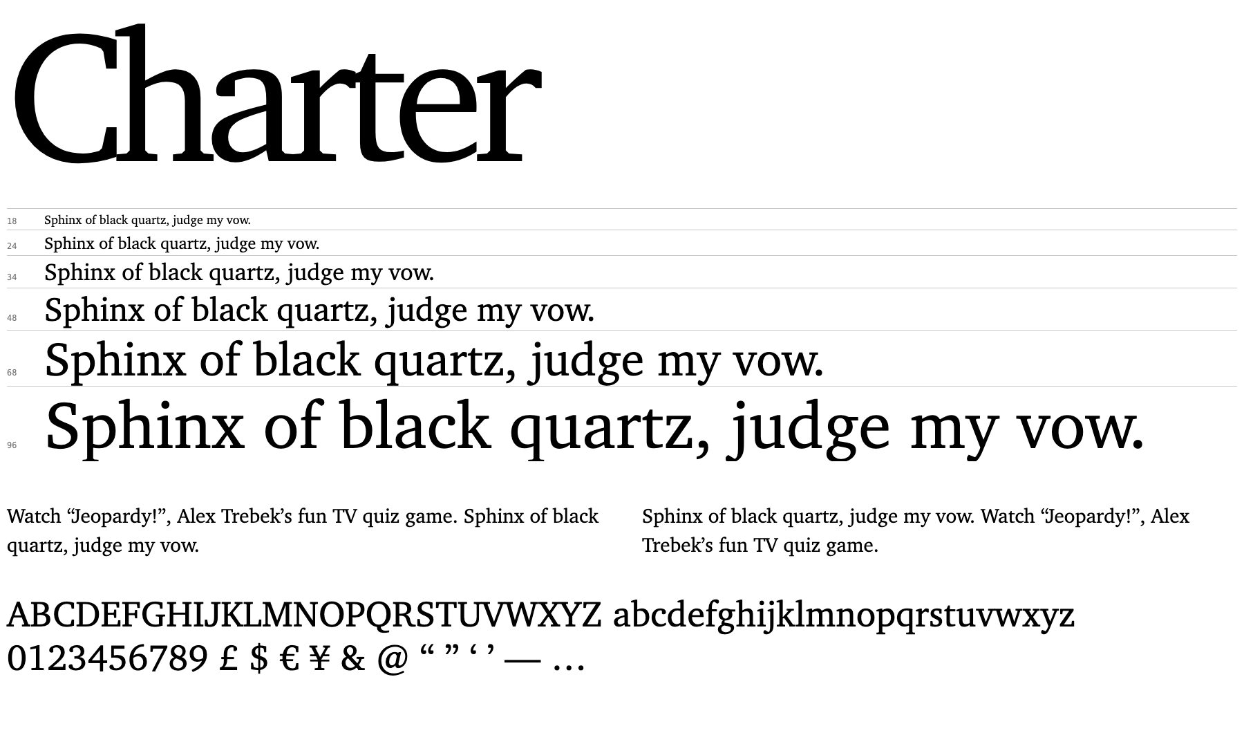 A proof sheet showing Charter at several sizes with letters, numerals and punctuation