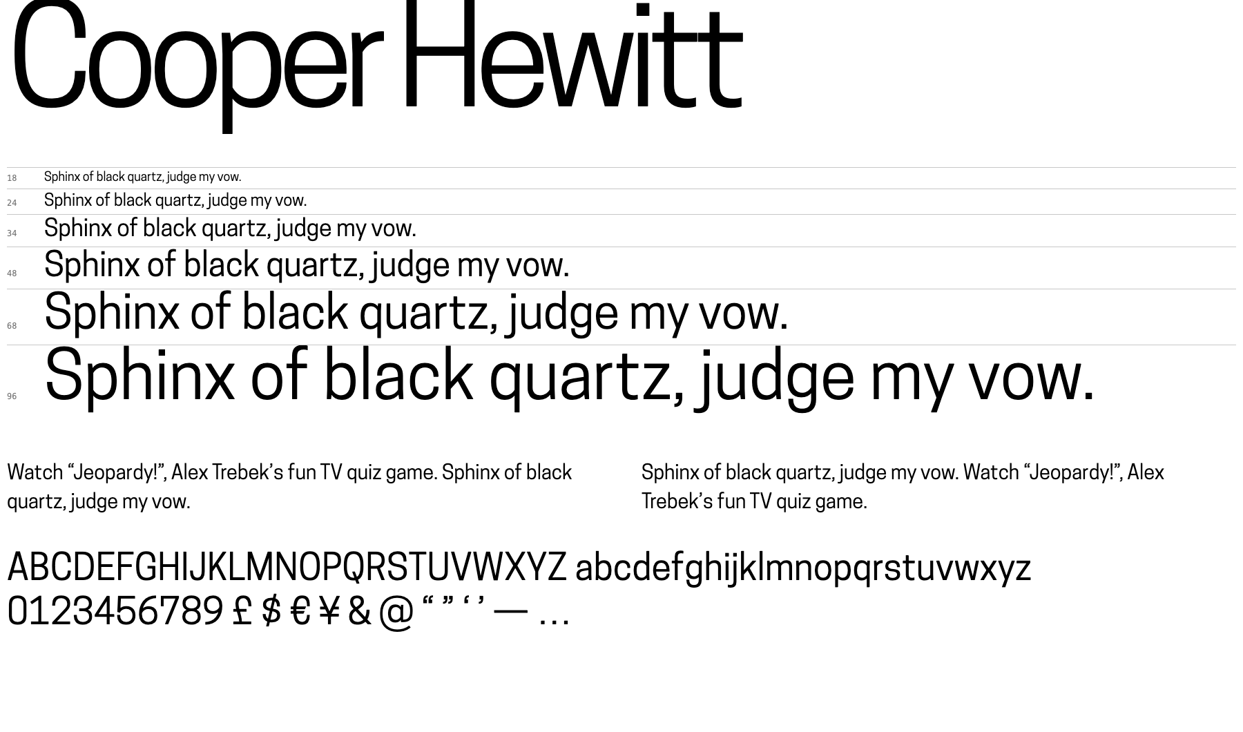 A proof sheet showing Cooper Hewitt at several sizes with letters, numerals and punctuation