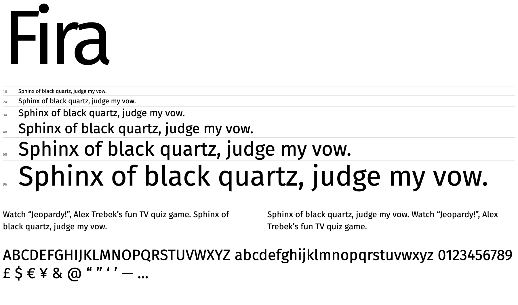 A proof sheet showing Fira Sans at several sizes with letters, numerals and punctuation