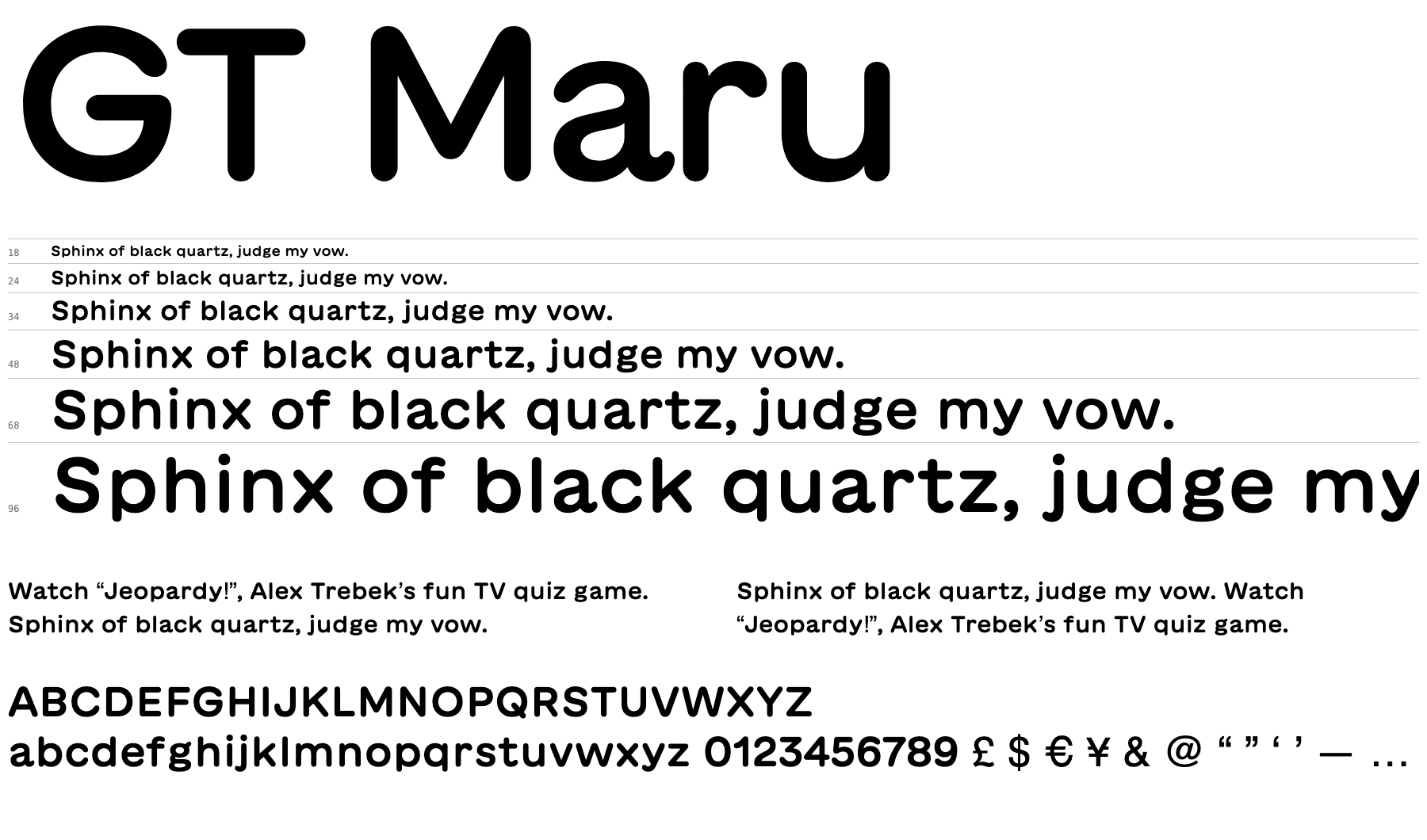 A proof sheet showing GT Maru at several sizes with letters, numerals and punctuation