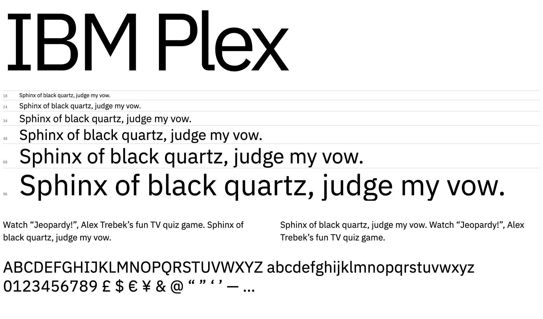 A proof sheet showing IBM Plex Sans at several sizes with letters, numerals and punctuation