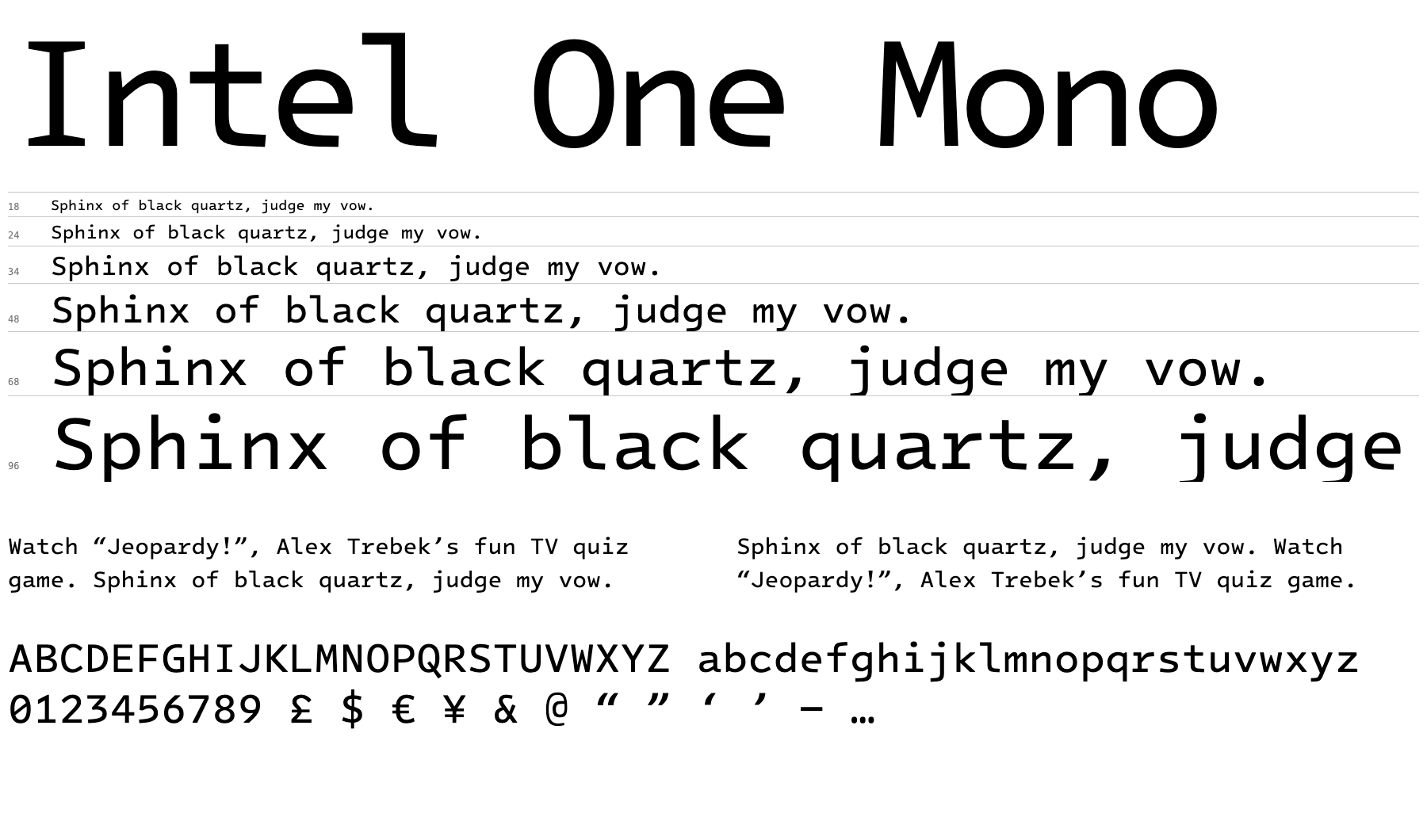 A proof sheet showing Intel One Mono at several sizes with letters, numerals and punctuation
