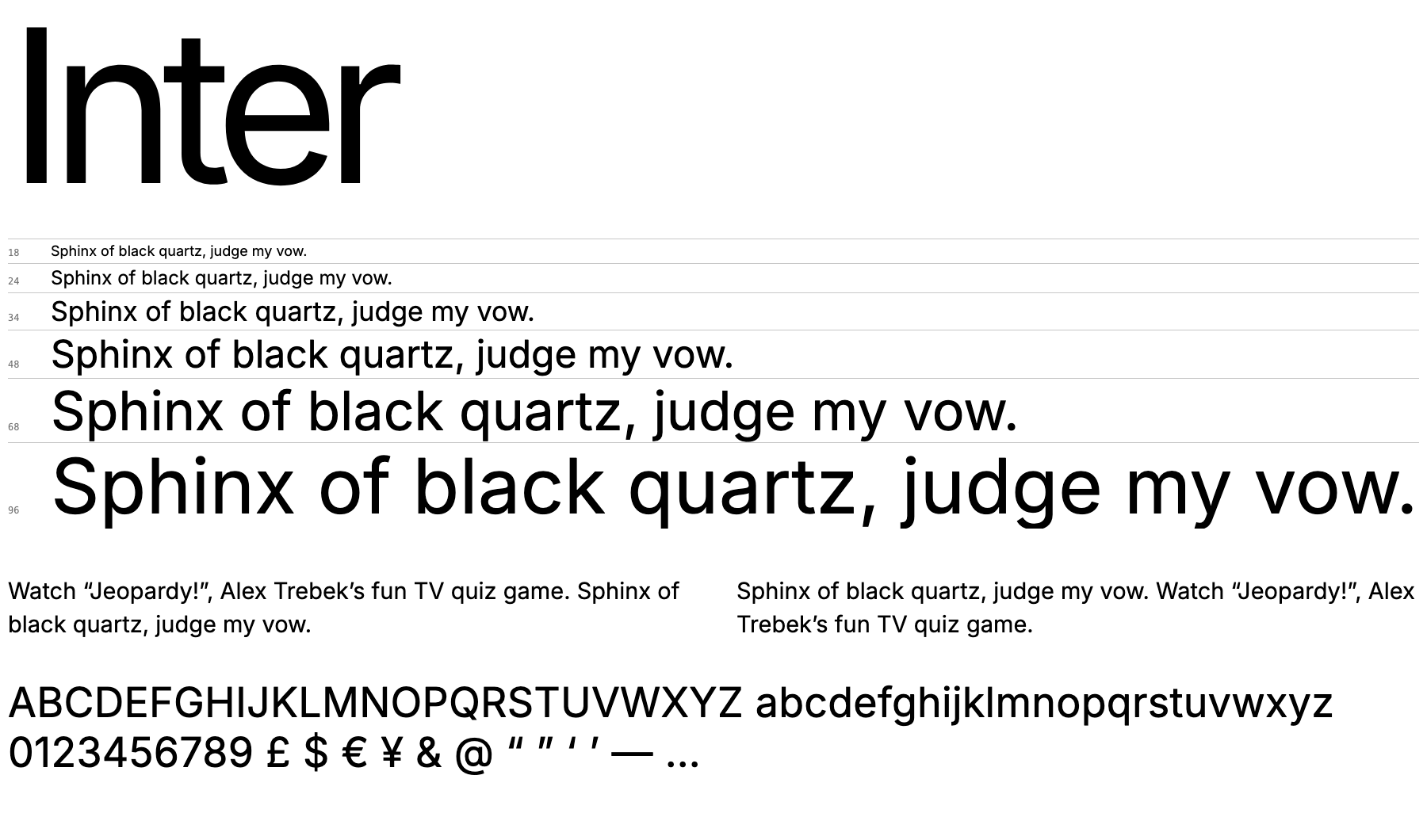 A proof sheet showing Inter at several sizes with letters, numerals and punctuation