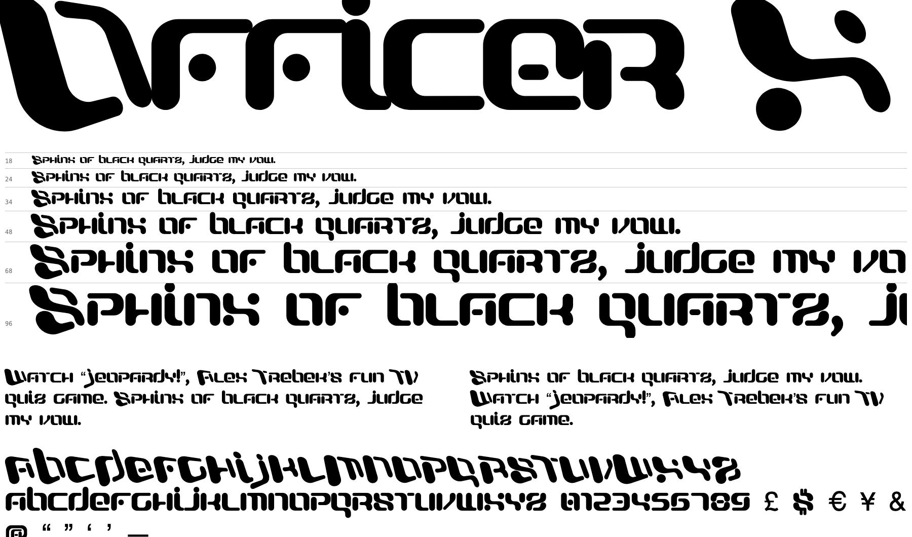 A proof sheet showing Officer X at several sizes with letters, numerals and punctuation