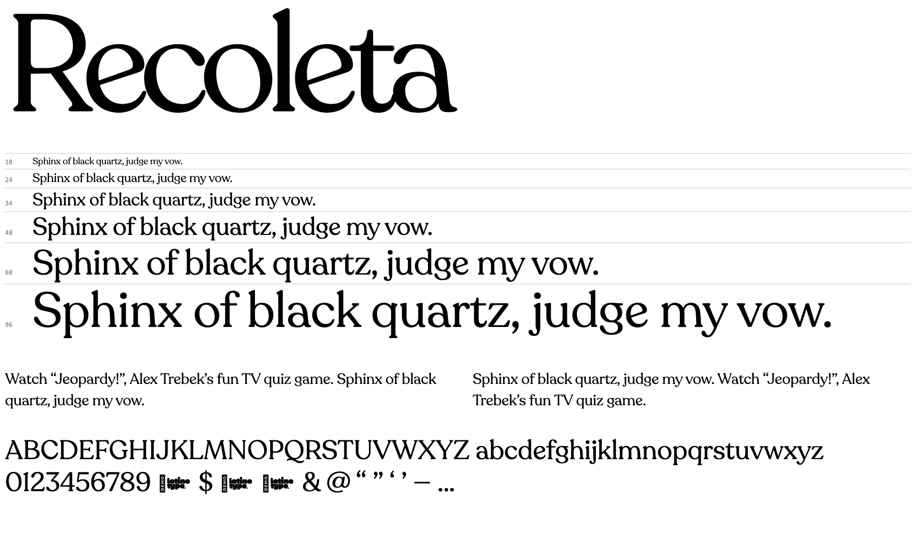 A proof sheet showing Recoleta at several sizes with letters, numerals and punctuation