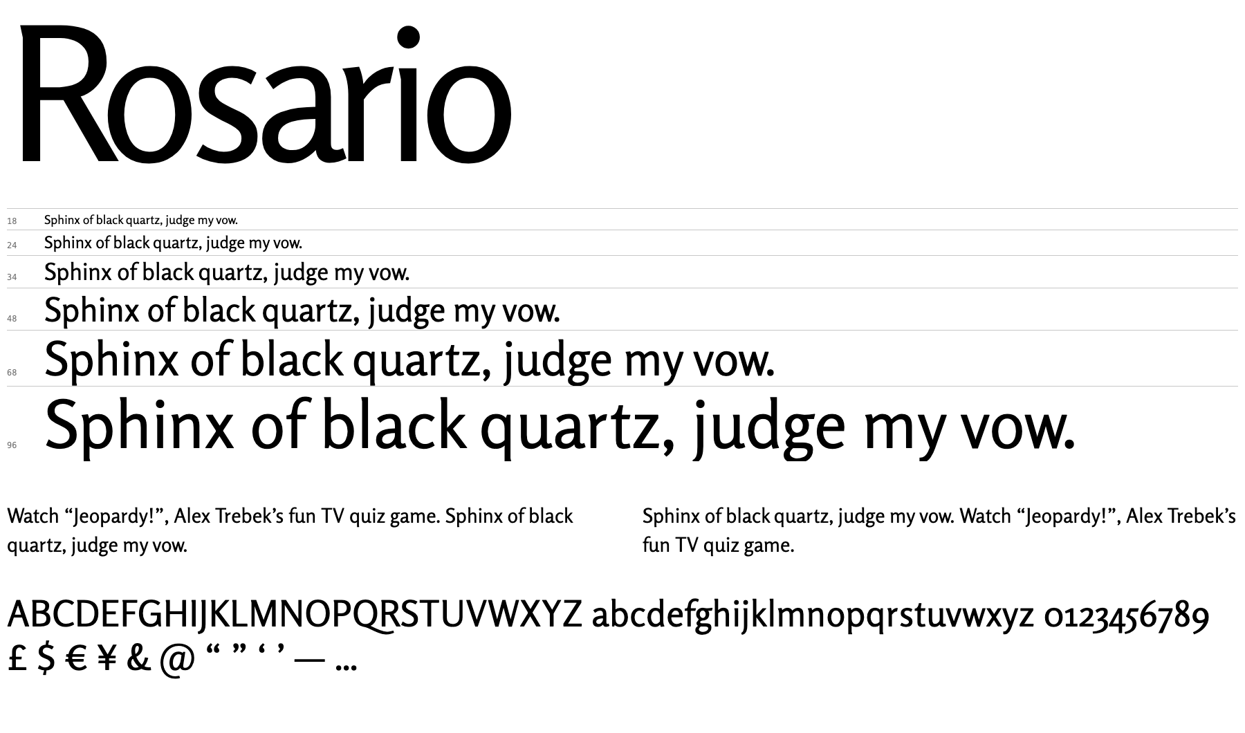 A proof sheet showing Rosario at several sizes with letters, numerals and punctuation