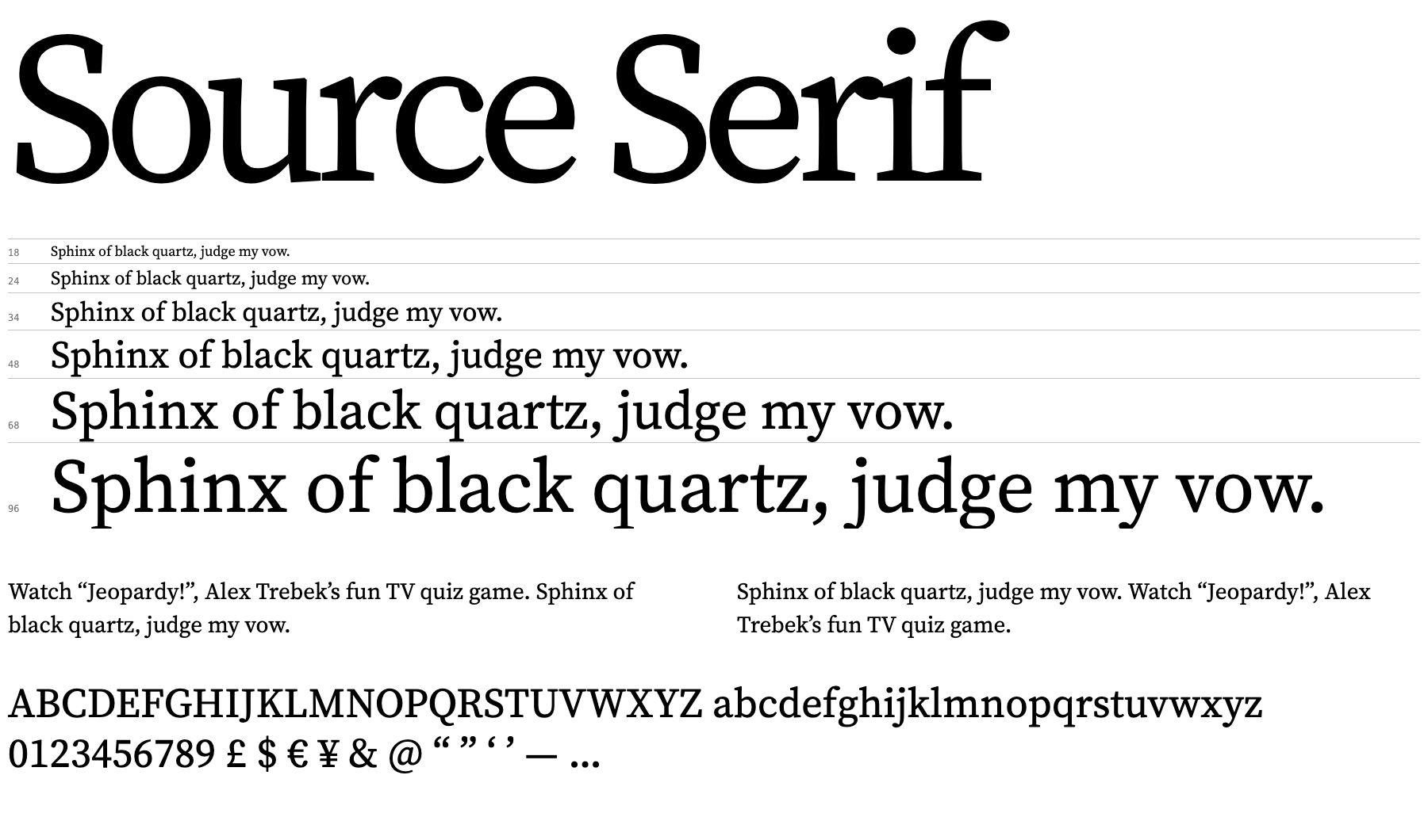 A proof sheet showing Source Serif at several sizes with letters, numerals and punctuation
